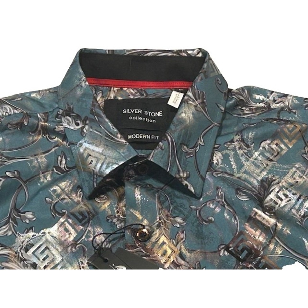 Silver Stone Men's Modern Fit Long-Sleeve Button-Up Teal/Silver Shirt NWT Size L